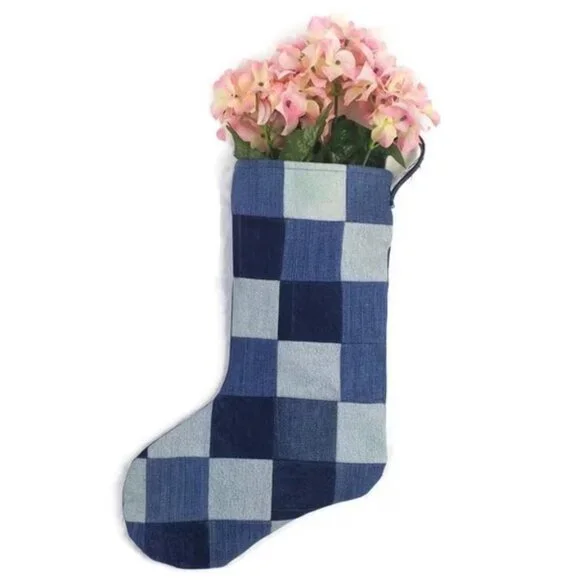 Hand Made Upcycled Blue Patchwork Denim Lined Hanging Christmas Stocking 17.5"